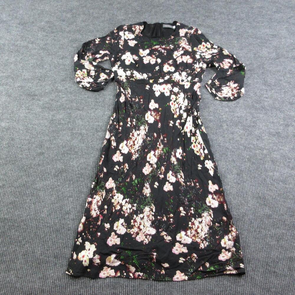 Mint Velvet Dress Womens 12 Black Fit Flare Maxi Floral 3/4 Puff Sleeve 49L NWOT